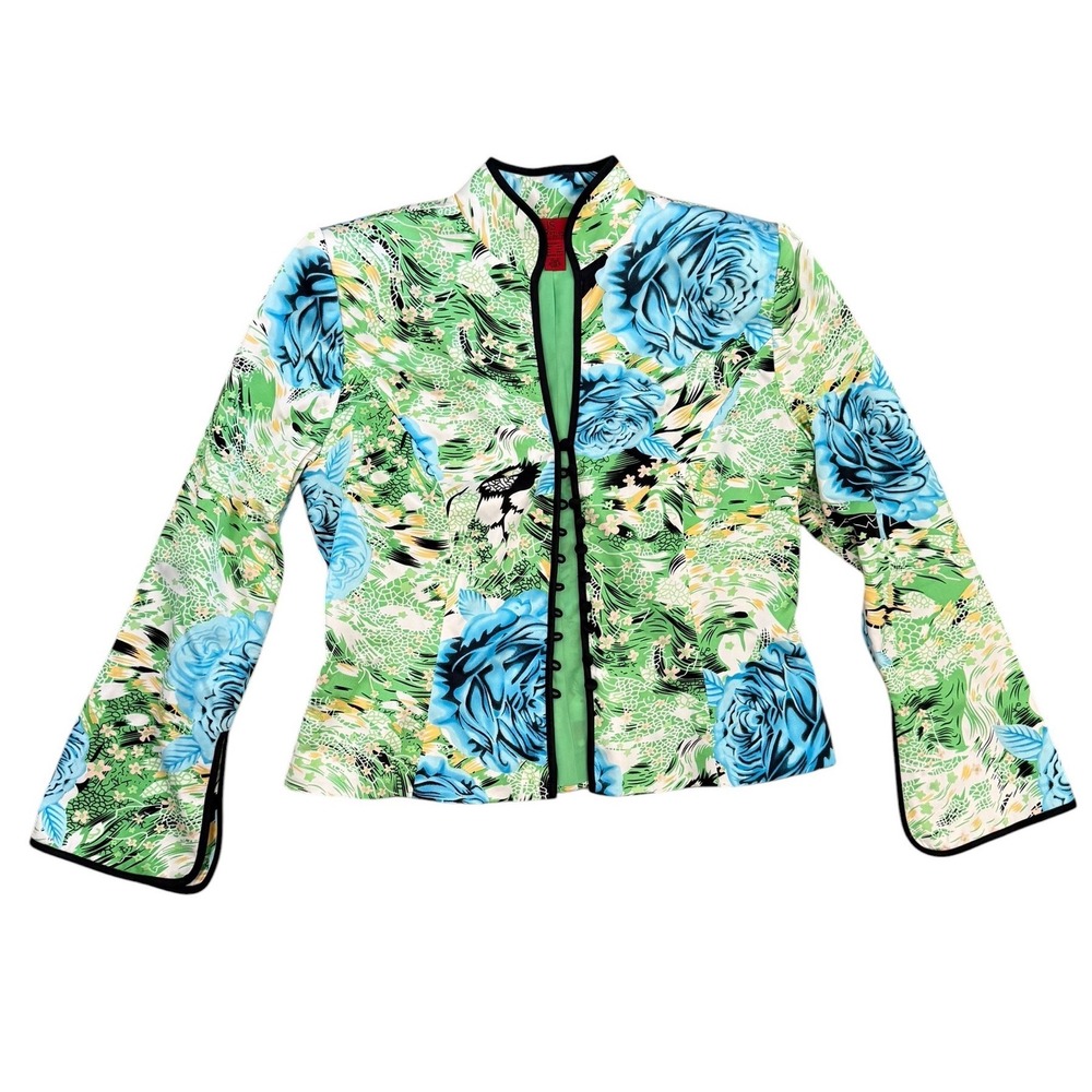 JS Collections Petite 100% Silk Floral Blazer Green Blue Mandarin Collar 12P